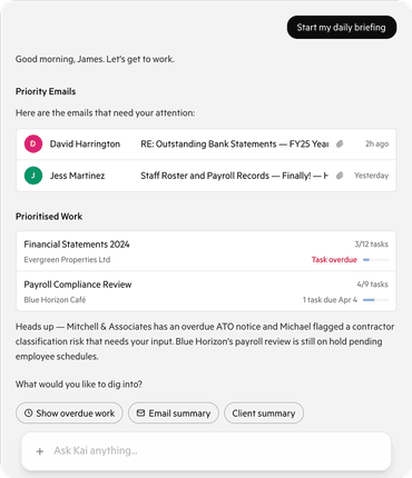 Kai’s daily briefing listing priority emails, prioritized work with task progress, and suggested next actions.