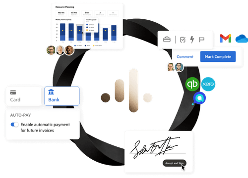 The Kai logo encircled by connected firm tools — resource planning charts, payment and e-signature options, and integrations including Gmail, QuickBooks, and Xero.