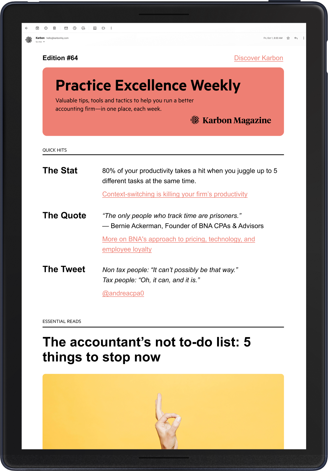 A tablet displaying the Practice Excellence Weekly newsletter