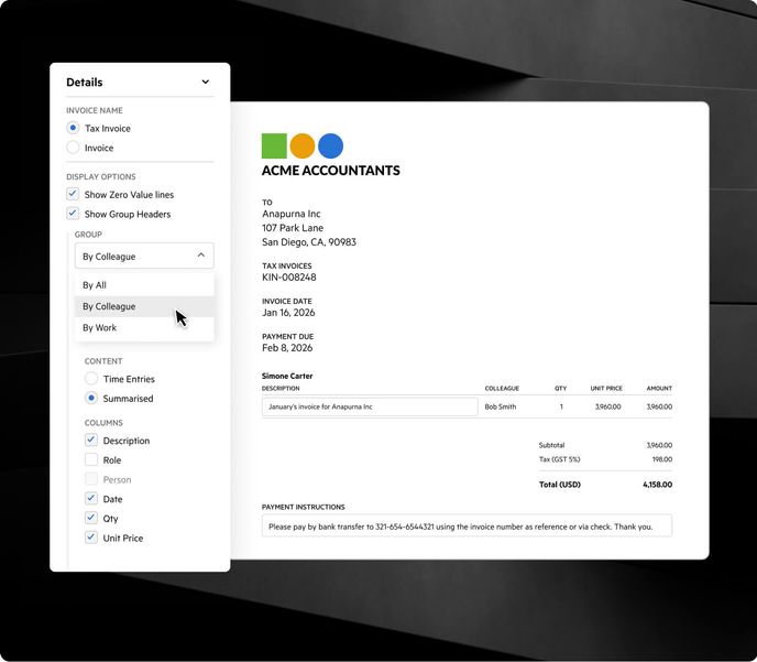 Karbon invoice builder showing customization settings alongside an invoice preview.
