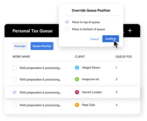 User interface of a work item queue, showing the option to override an item's position.