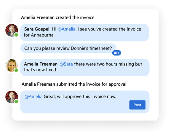 An audit trail of comments and updates on an invoice in Karbon.