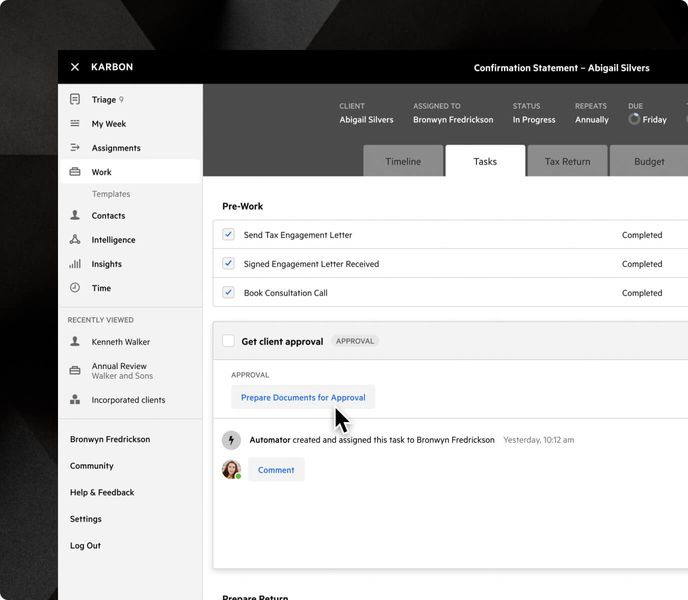 A work item timeline in Karbon. The step being viewed is called "Get client approval," and the user's cursor is placed over a button containing the text, "Prepare Documents for Approval."