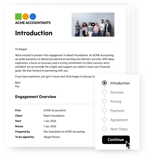 An example of an engagement letter, with a pop-up showing the sections of the document in sequence.