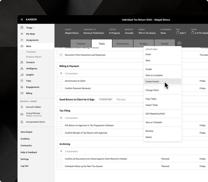 A Karbon work item with an open context menu, with a "Create Invoice" option highlighted.