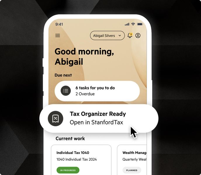 AN abstracted phone displaying the Karbon for Clients app, with a highlighted push notification that reads, "Tax Organizer Ready. Open in Stanford Tax."