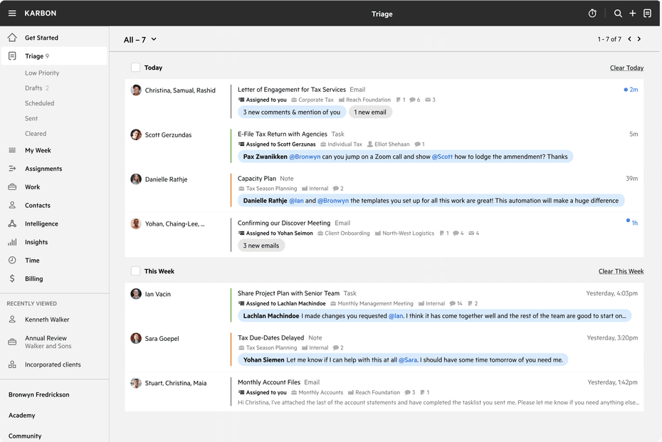 UI displaying Karbon Triage.