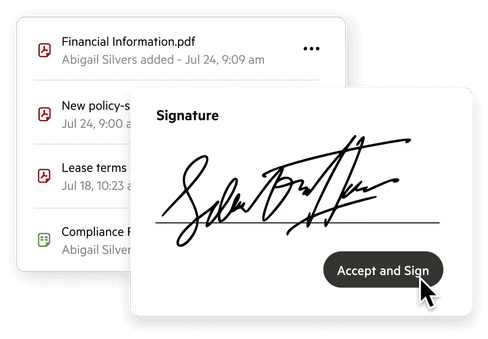 A list of documents with an overlay of an e-signature user interface on top of it.