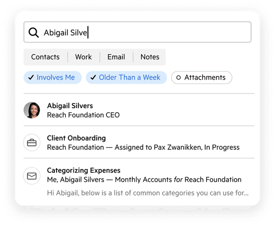 A detail of Karbon's global search functionality.