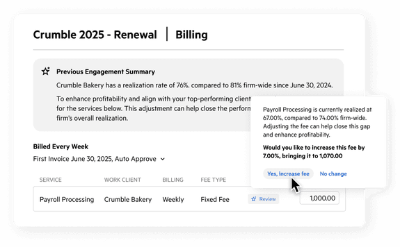 An AI summary of an engagement, showing profitability data and recommendations for renewal pricing.