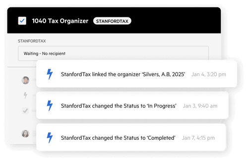 A timeline of automated events connected to a tax organizer workflow.