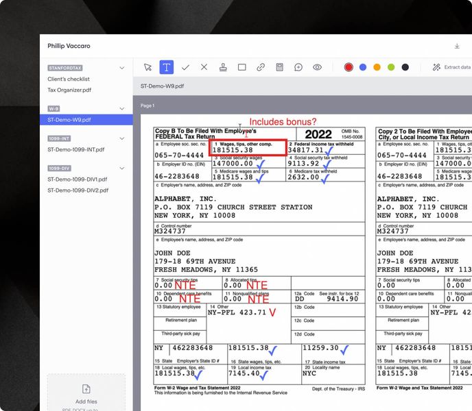 Stanford Tax interface displaying a partially completed form W9 with annotations.