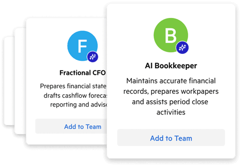 Stylized cards representing different agent roles, with an "Add to Team" button beneath them.