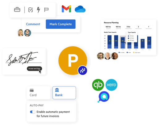 Various app icons and UI elements from Karbon in a chaotic arrangement.