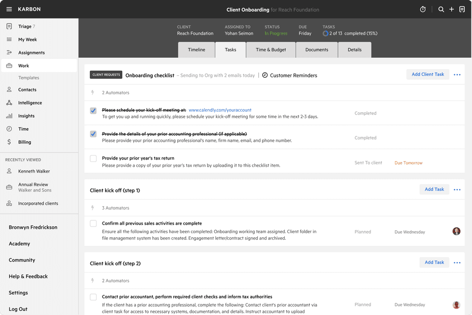UI showing a task list overview in Karbon.
