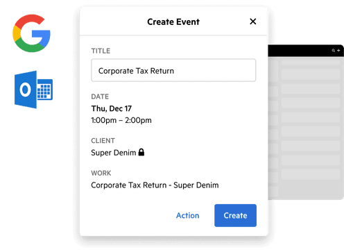 A calendar event creation popup.