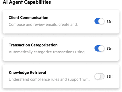UI showing toggles to turn on and off various agent authorizations.