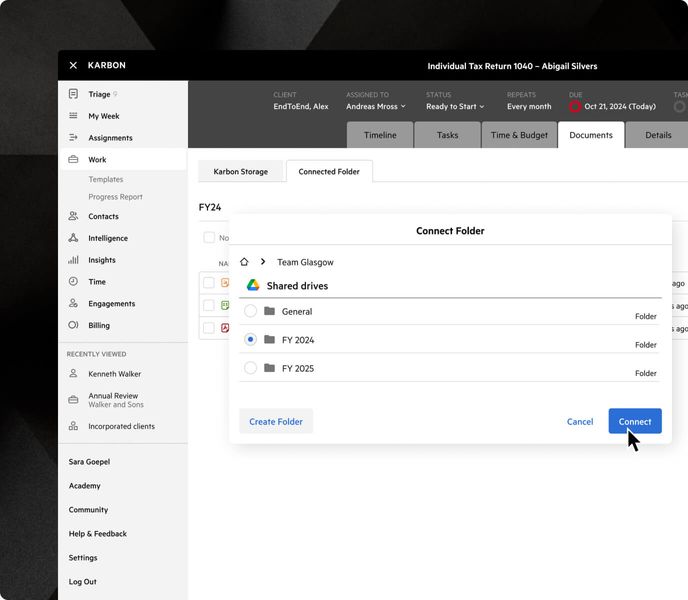 The Documents tab of a work item in Karbon, with an open modal showing the option to connect a shared Google Drive folder.