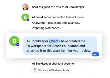 Four stylized in-app notifications showing the interaction between a Karbon employee and an AI Bookkeeper bot.