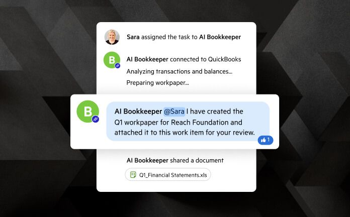 A timeline of actions taken by a bot called "AI Bookkeeper" in Karbon.