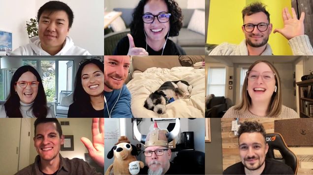 Nine panel grid of Karbon team members on a video call.