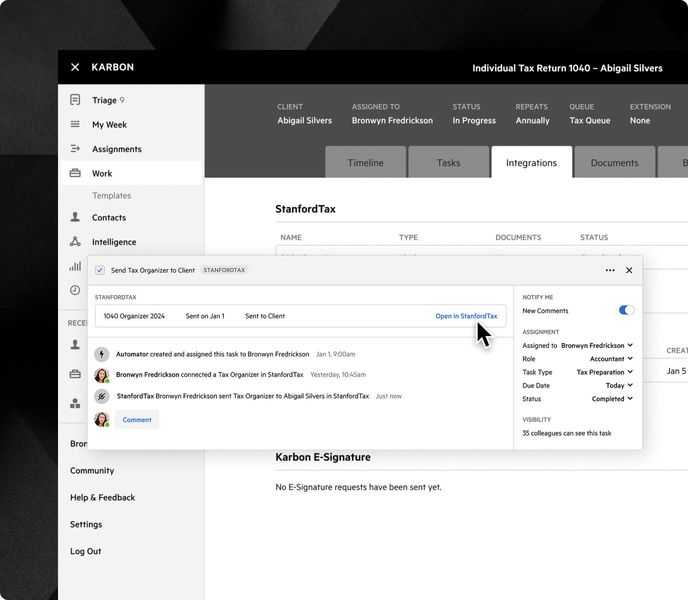 A view of Karbon's Stanford Tax integration, with a modal containing a timeline for the automated creation of a tax organizer.