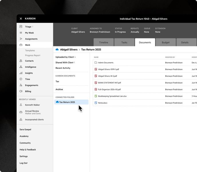 The Documents tab of a work item in Karbon, with a connected OneDrive folder highlighted.