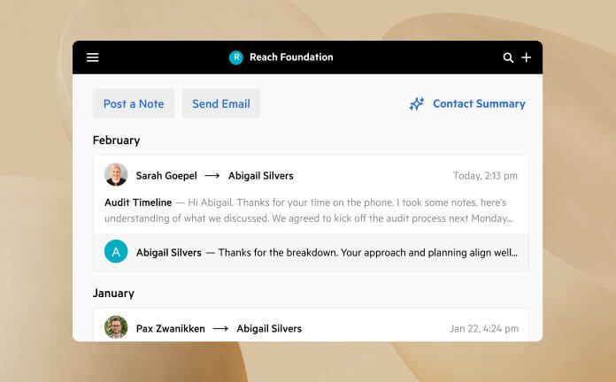 A timeline of communication with a client in Karbon.
