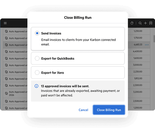 A billing run dialog showing options to send invoices, export for QuickBooks, or export for Xero.