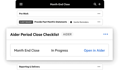 A month-end close work item in Karbon, with a call to action to open a period close checklist in Aider.