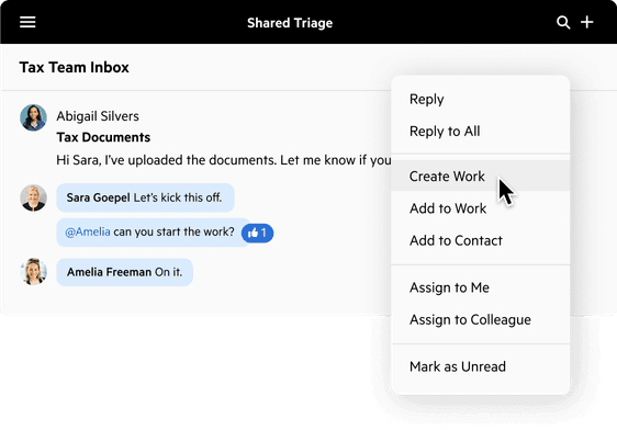 A Shared Triage inbox showing a discussion in comments leading to a task being created from an email.
