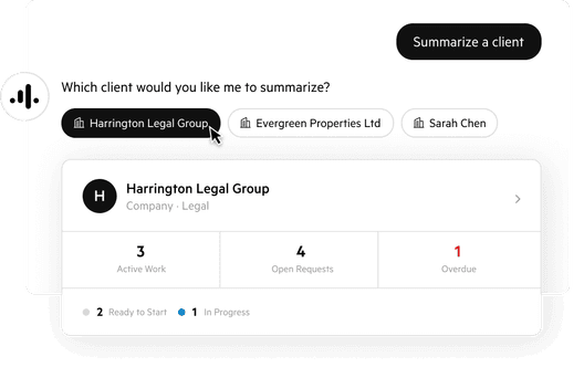A stylized "Summarize a client" interface in Karbon.