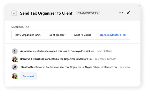 An interface with a timeline for the automated creation of a tax organizer via Karbon's Stanford Tax integration.