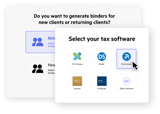 A modal with options to connect to different tax software providers.